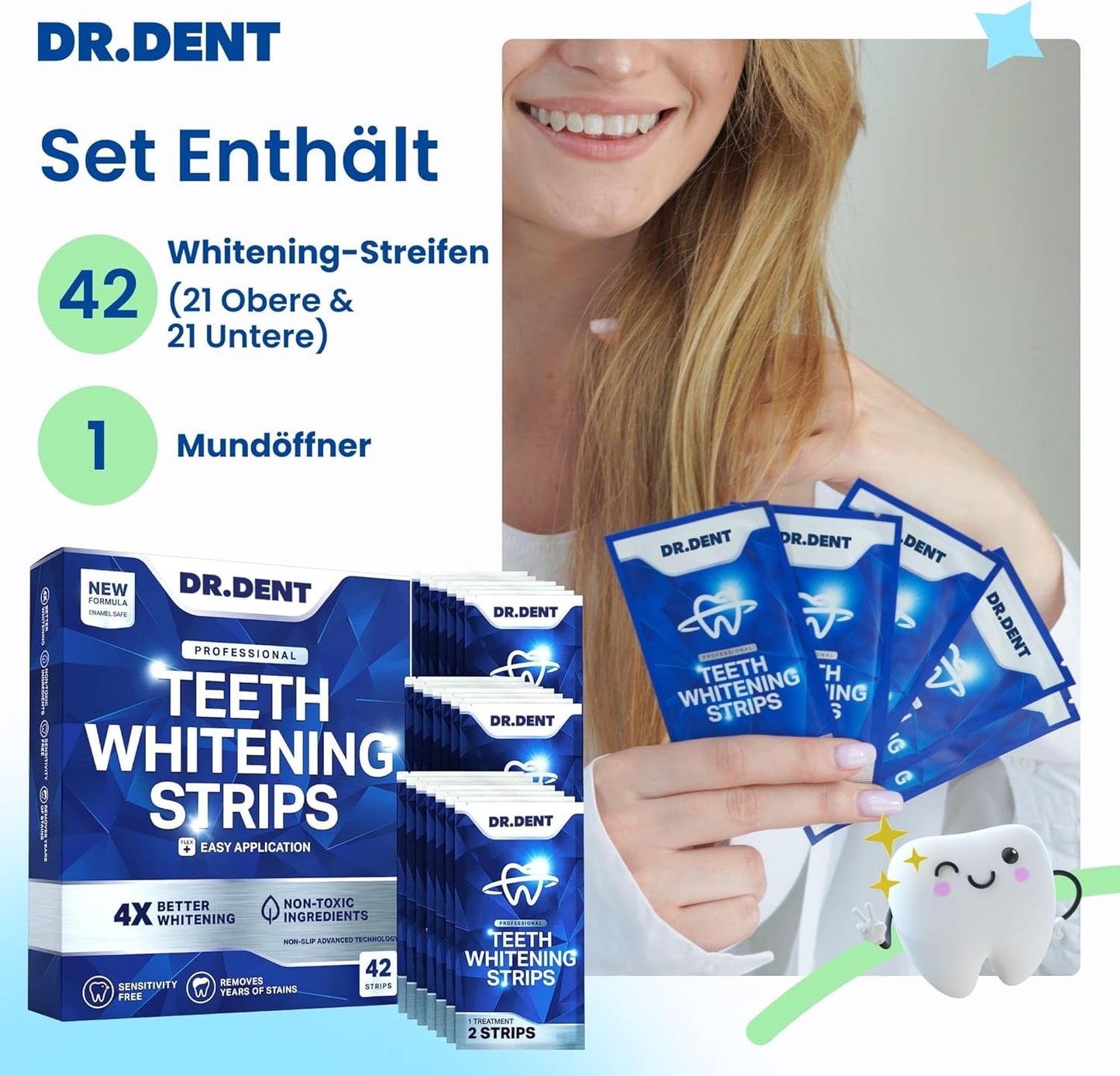 👨⚕️Recommended by the IBD✅Professional Teeth Whitening Strips 21 Applications - Enamel Safe - No Sensitivity - Professional Teeth Whitening Strips - 42 Strips + Mouth Opener Included